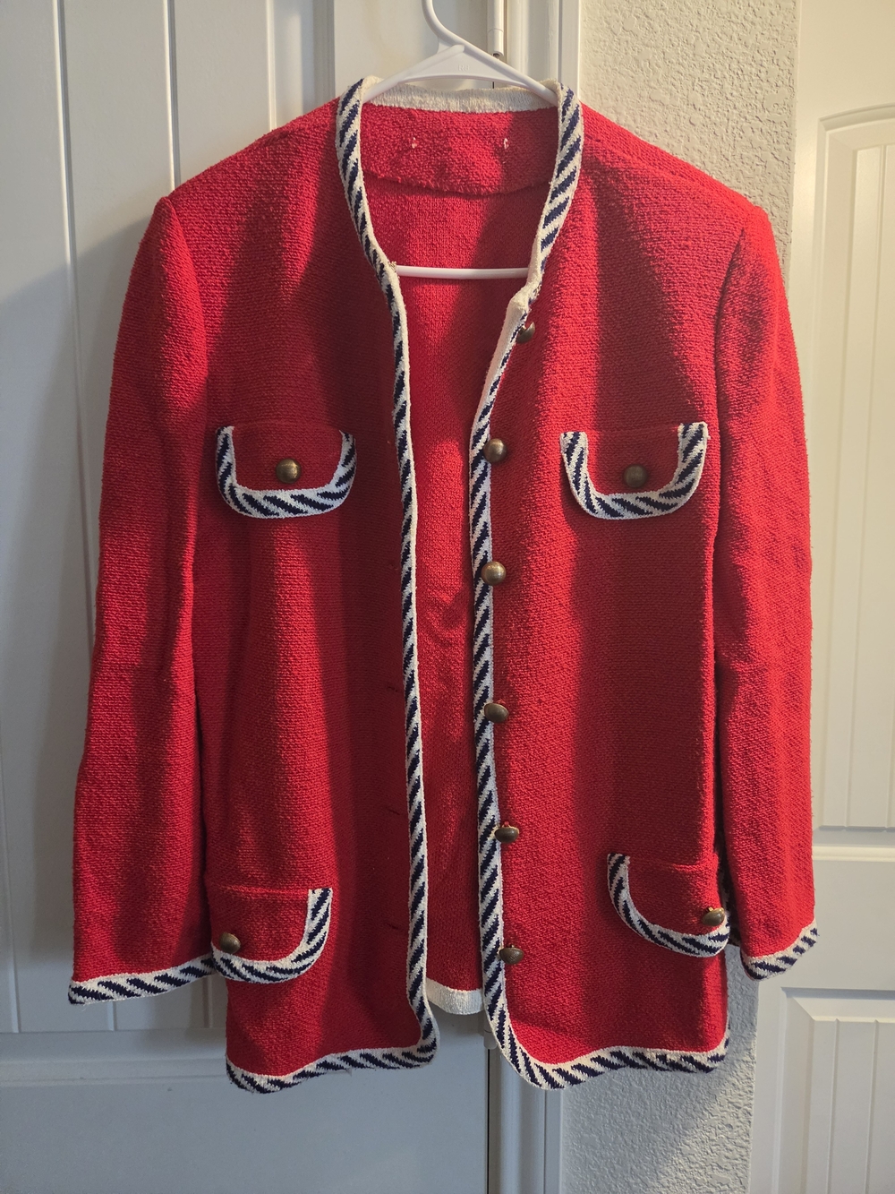 Red Women's-Style Bouclé Jacket with Nautical Trim